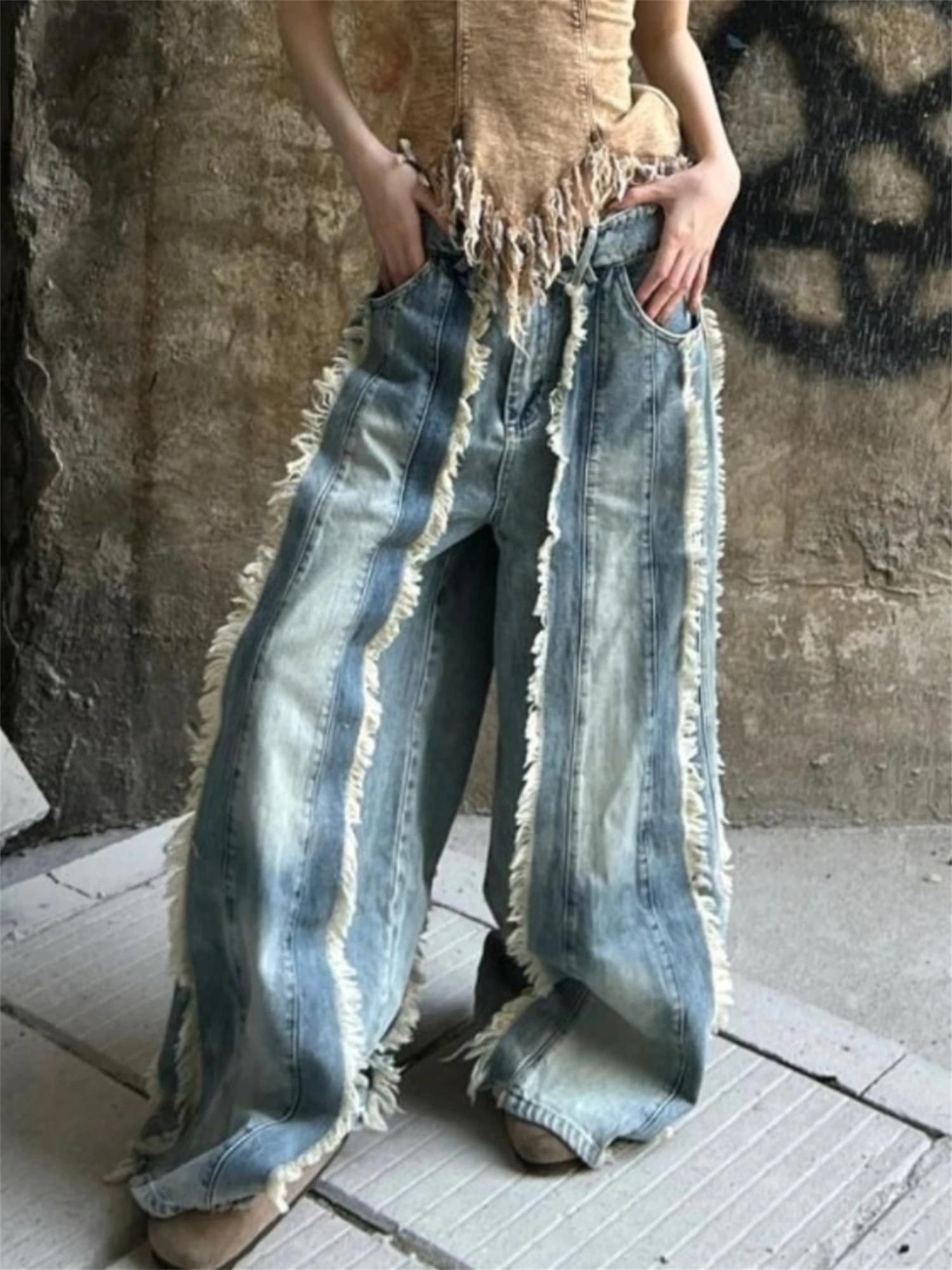 

Women's High Waist Wide Leg Blue Jeans Fringe Trim Distressed Vintage Washed Y2K Streetwear Denim Trousers