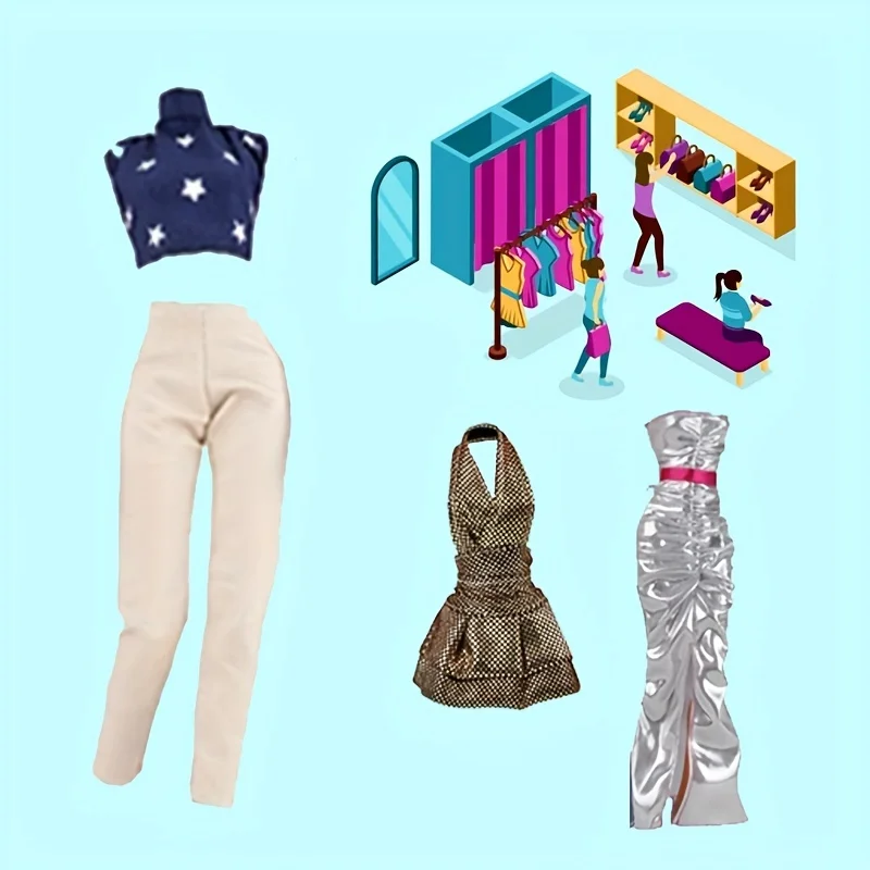 مجموعة ملابس وإكسسوارات دمى 30 قطعة للدمى البنات تتضمن 4 فساتين عصرية 4 بلوزات وسراويل 2 فساتين طويلة 10 أحذية 10 فساتين