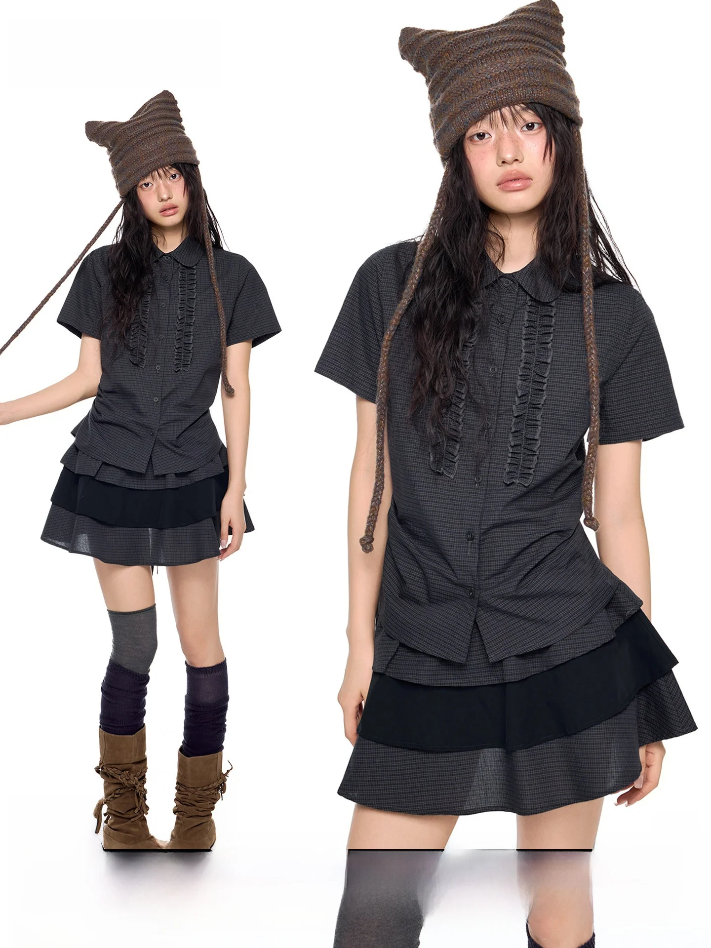 

EZEK Summer New Style Women's Casual Plaid Pleated Shirt Short Sleeve Set High Waist Cake Skirt Fashion Ensemble Korean System