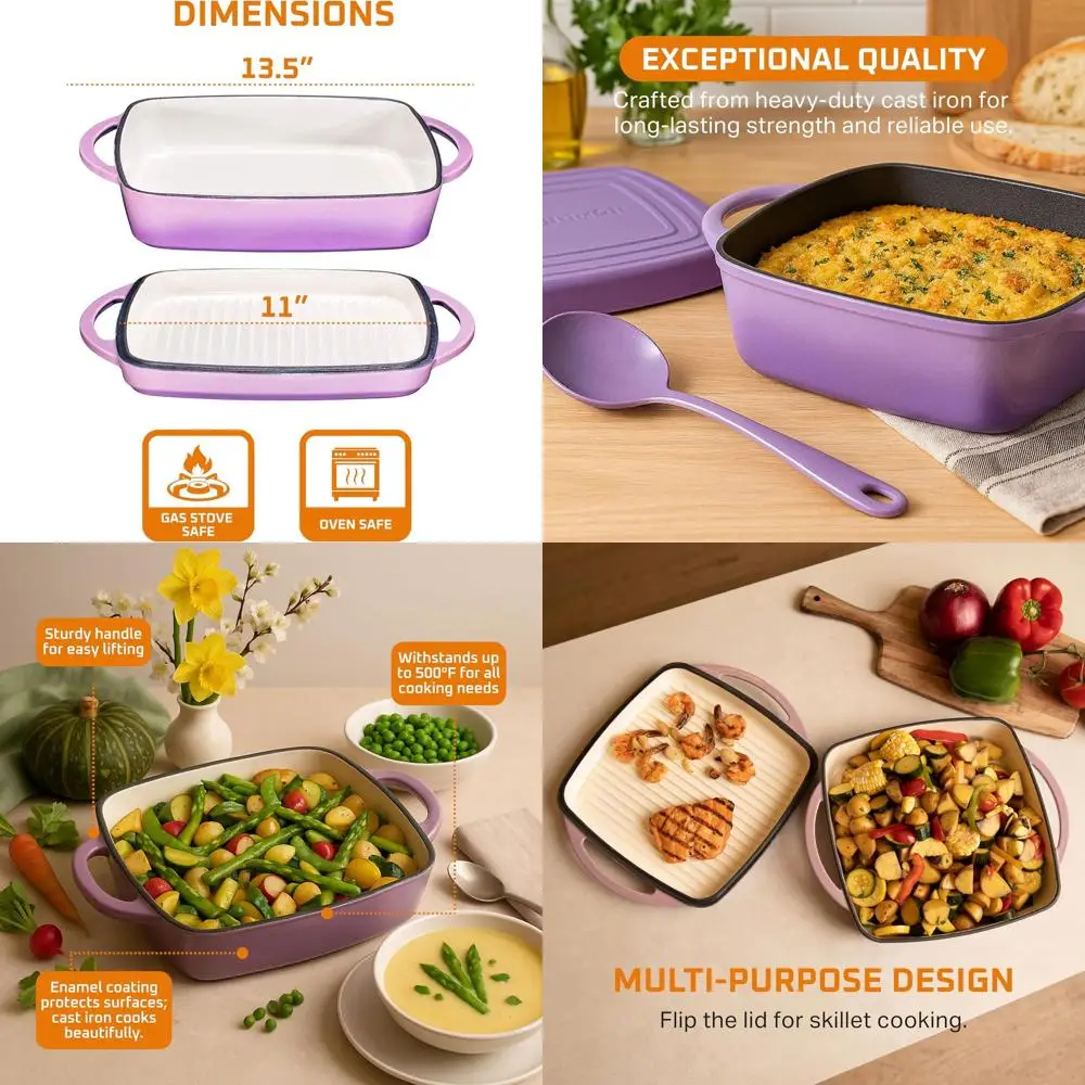 

Purple Cast Iron Dutch Oven and Baking Pan Set with Handles, Casserole Dish with Lid, Oven Safe