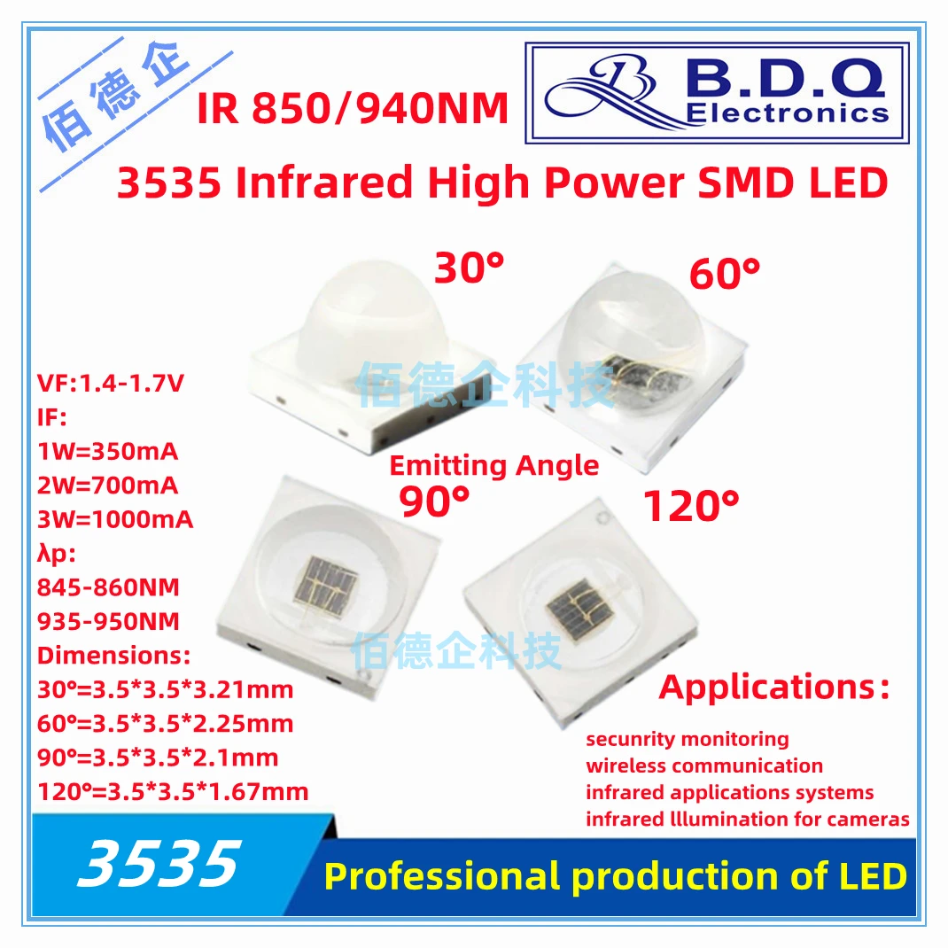 10PCS 3535 IR SMD LED High Power1W 2W 3W 30° 60° 90° 120° degrees Infrared IR 850nm 940nm LED