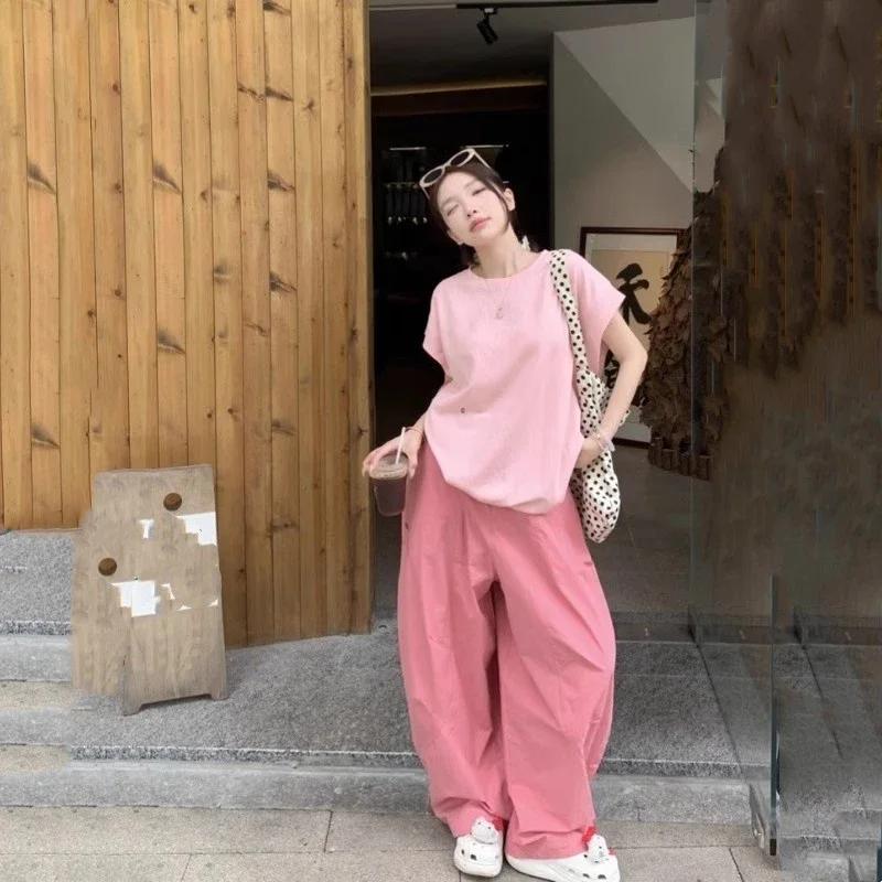 

Womens Dopamine Lazy Style Solid Color Short Sleeve T Shirt Wide Leg Pants Set Casual Daily Outfit Suit