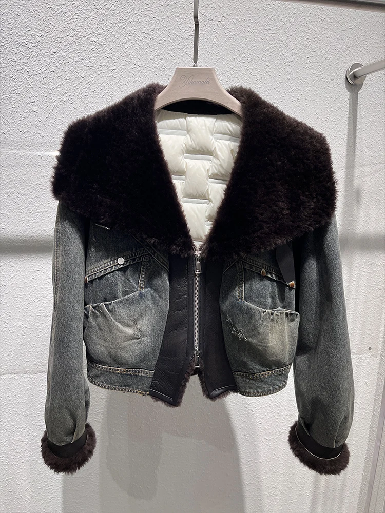 เสื้อแจ็คเก็ตยีนส์บุขนเป็ดสำหรับฤดูหนาว  คอปกขนแกะเมอริโนแท้  เสื้อพัฟเฟอร์ผู้หญิง  เสื้อโค้ทกันหนาวหนาสำหรับผู้หญิง