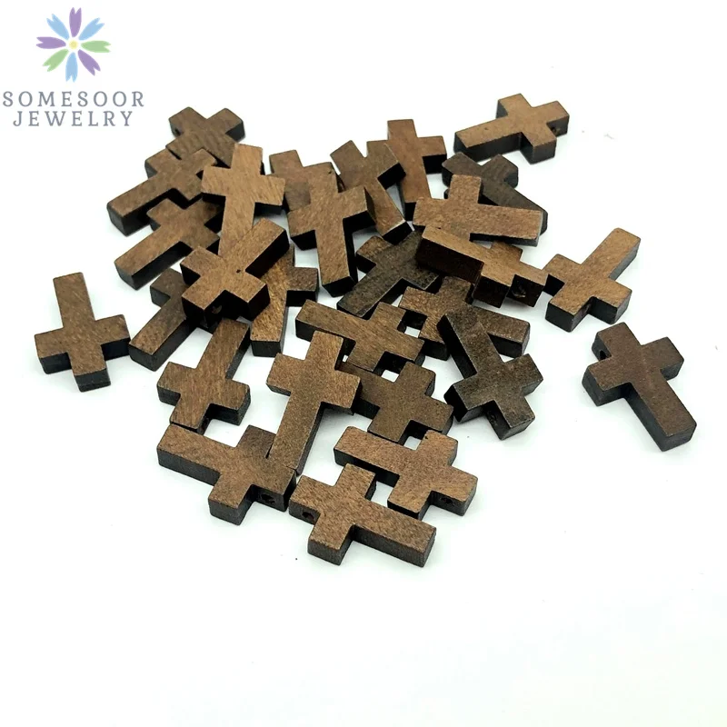 SOMESOOR 30 Pcs Wooden Cross Beads Christians Hanging Dangle Pendant Jewelry Natural Wood DIY Craft Necklace Accessories Gifts