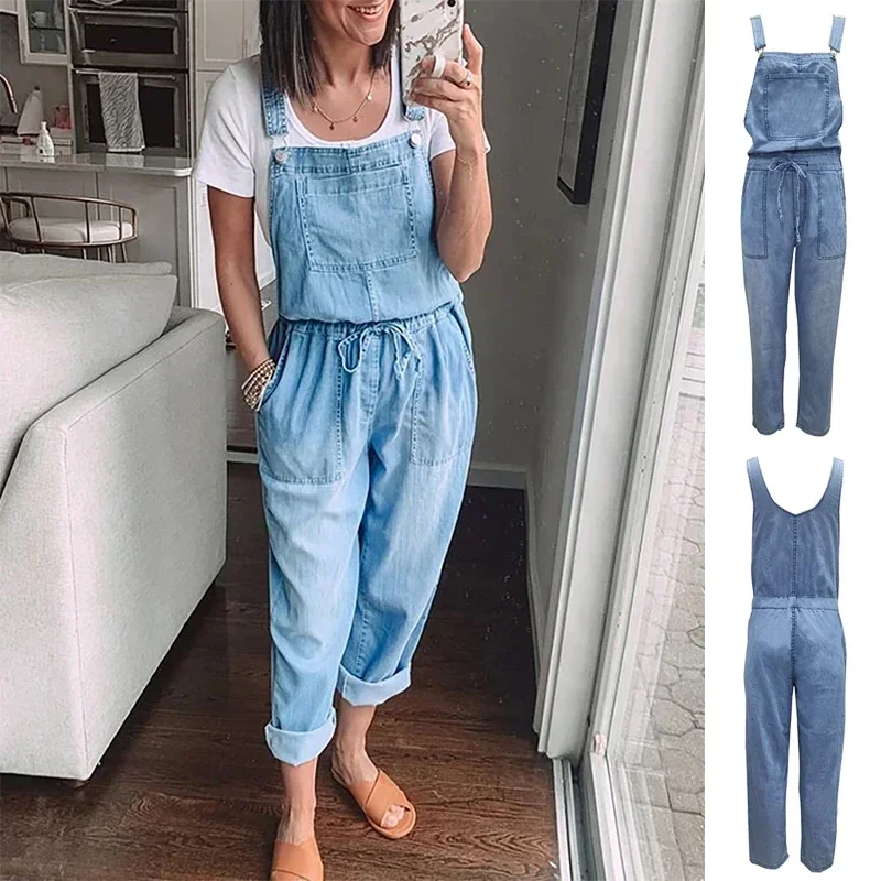 

Helisopus-Women's Soft Denim Jumpsuit, High Waist, Monochromatic Jeans, Loose Drawstring Overalls, New