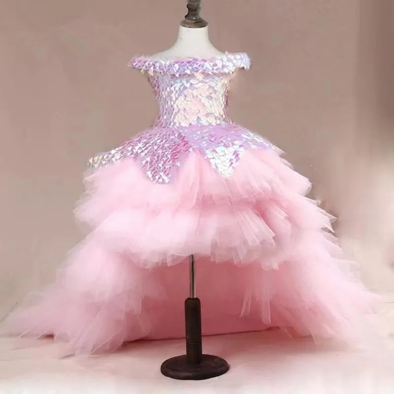 

Pink Elegant Baby Girl Birthday Dress Fluffy Flower Girl Dress For Wedding Bow Kids Princess Ball Gown Lush Dresses For Girls