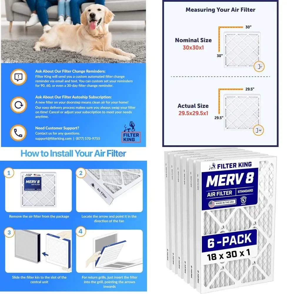 

6-Pack 18x30x1 MERV 8 Air Filters for Dust & Allergy Control - USA Made HVAC Pleated Electrostatic Filters
