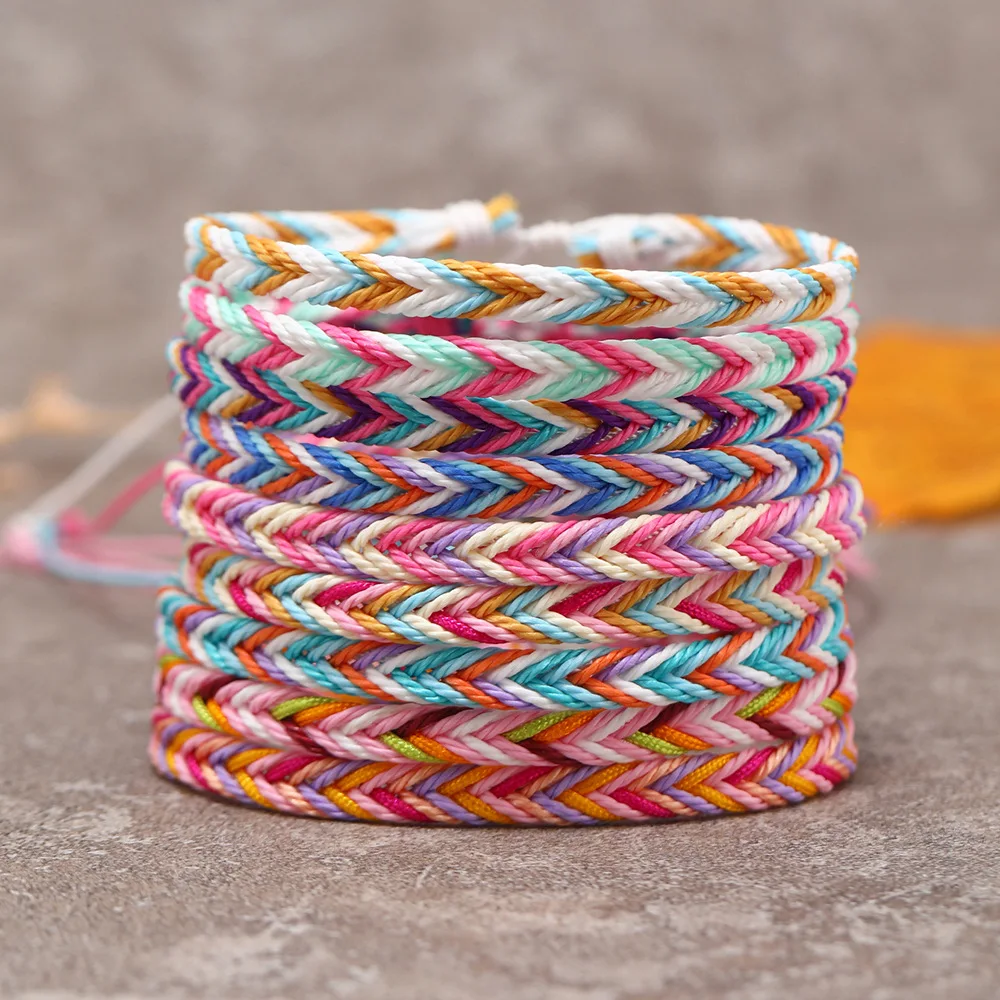 12pcs New Colorful Gradient Wax Thread Handwoven Adjustable Pulling Rope Ethnic Style Bracelet