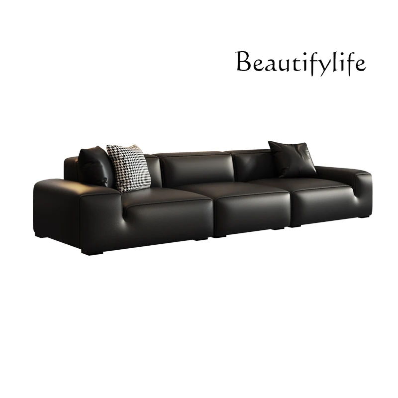 Italian Minimalist Napa Leather Living Room Leather Sofa Straight Row Large Seat Three Four-Seater Sofa