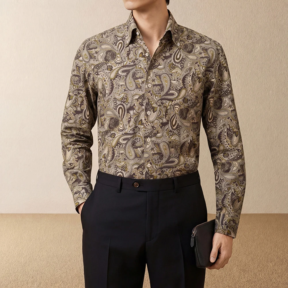 Retro Paisley Cotton Long Sleeve Men Shirts Elegant Lapel Slim Men's Print Shirt High Quality Breathable 3D Pattern Mens Blouse