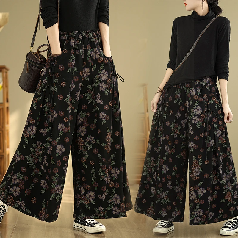 

Осень-зима, винтажные китайские широкие джинсы, свободные большие размеры, женские узкие прямые брюки с принтом, длинные брюки с высокой талией