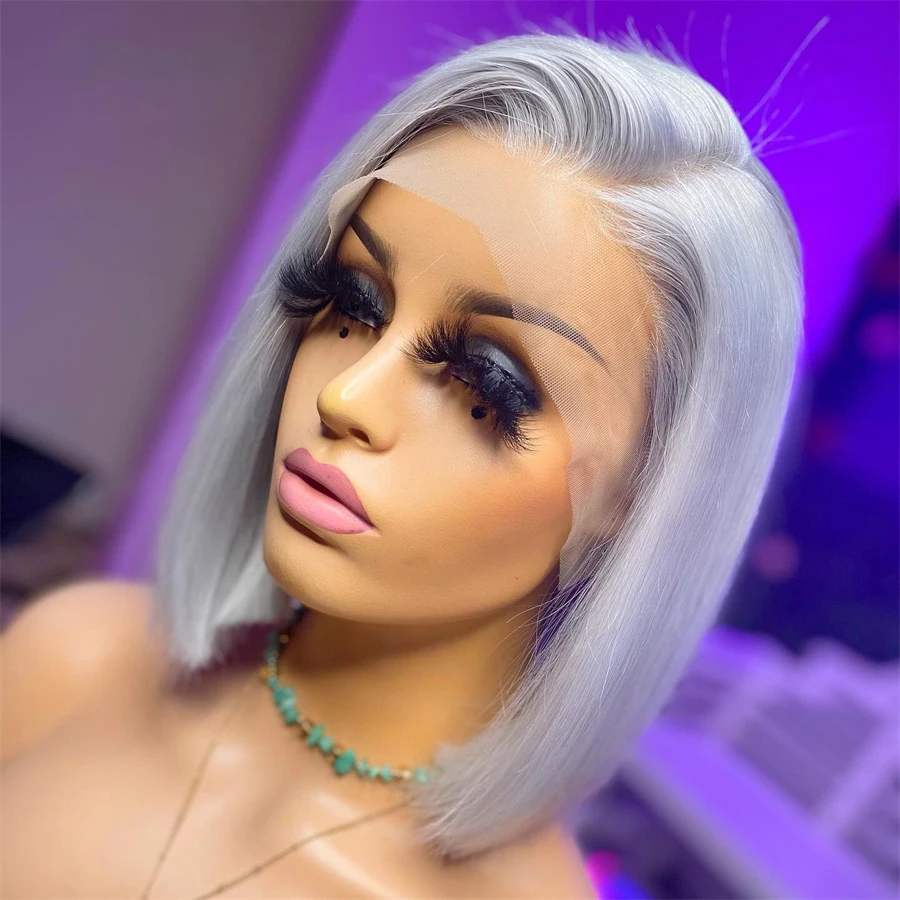 

Glueless Short Bob Ash Blonde Gray Silky Straight 180 Density Baby Hair Lace Front Wig For Black Women Preplucked Fashion Daily