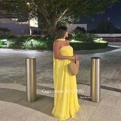 OIMG Hot Yellow Chiffon Evening Party Dresses Gown Sleeveless Plunge High Neck African Women Cocktail Dress Long Prom Gowns