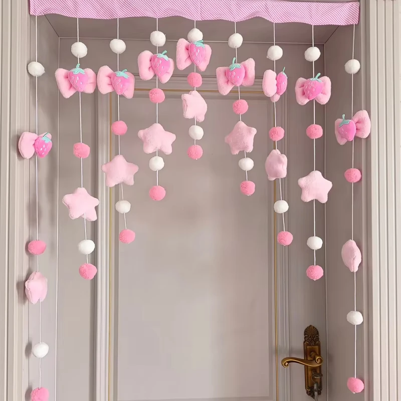 Pink Strawberry Handmade Short Curtain Thread Partition Hanging Window Decor Dormitory Doorway Curtain Door Curtain Girl Bedroom