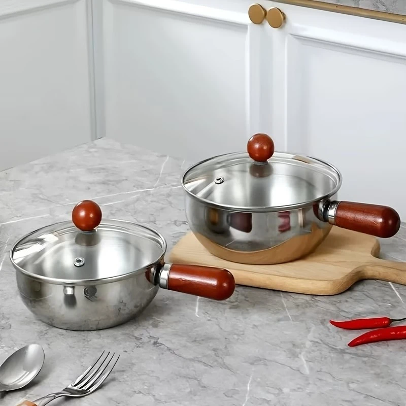 1pc Korean Ramen Pot with Lid, Stainless Steel Wooden Handle Noodle Cooker, 1-2 Person Instant Noodles Pot Induction Compatible
