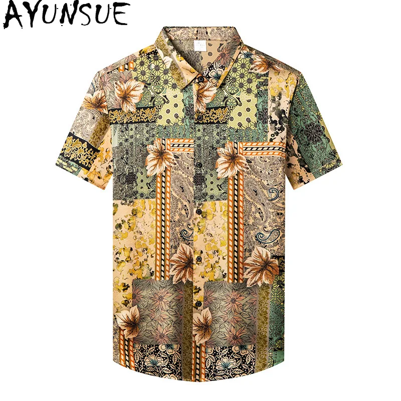 

AYUNSUE 92%Real Mulberry Silk Shirt for Man 2026 Summer Top Fashion Floral Shirt Short Sleeve Shirts Lapel Mens Shirt Streetwaer