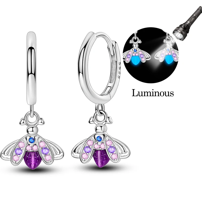 New Arrival 925 Sterling Silver Pink Purple Glow In The Dark Firefly Drop Earrings For Women Fine Wedding Jewelry Gifts