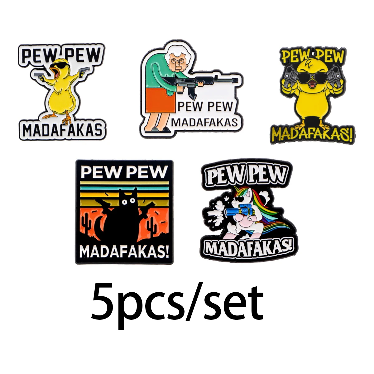 

5pcs/set PEW PEW Enamel Pin Cartoon Brooch Pines Lapel Pins Badge on Backpack Clothing Accessories Funny Jewelry Friends Gifts