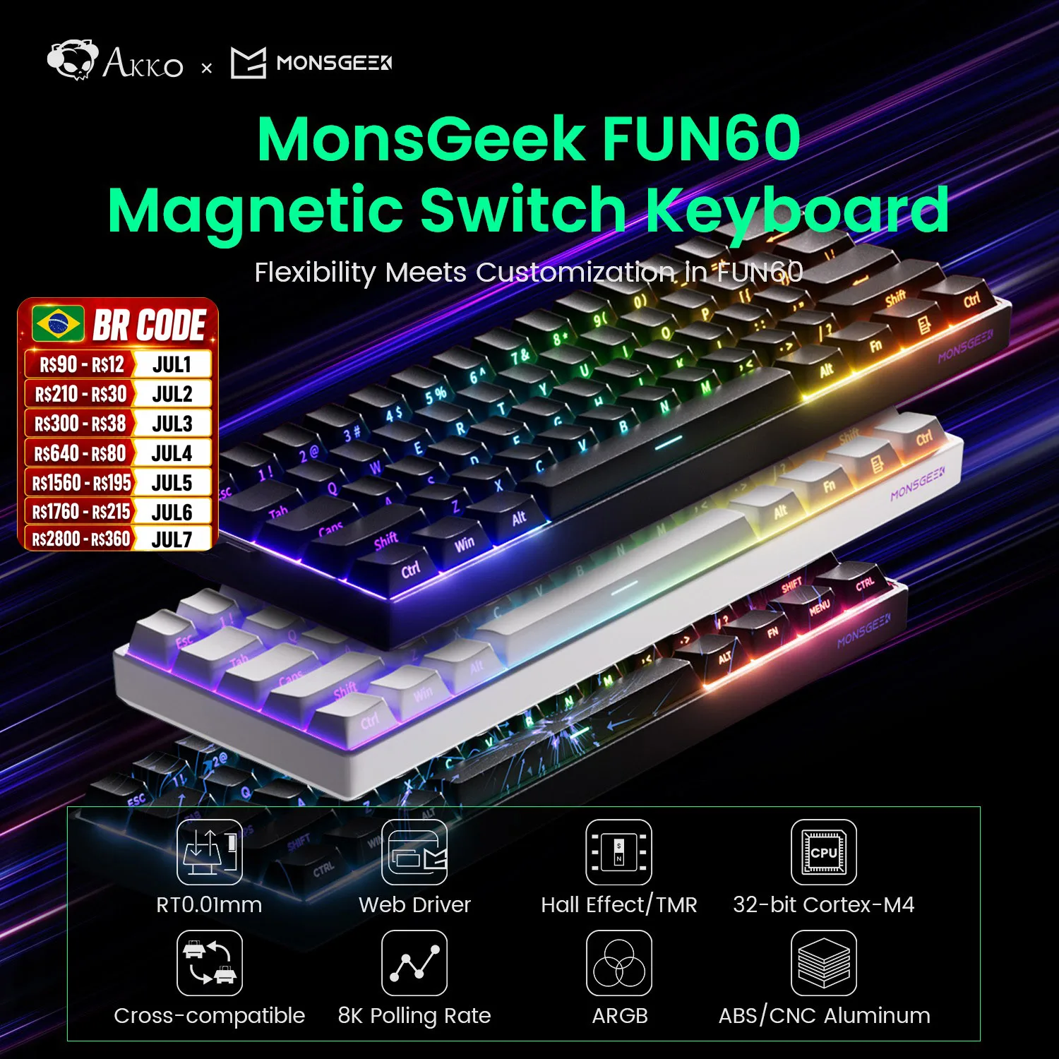 Akko MonsGeek FUN60 Teclado mecánico interruptor magnético 60% teclados para juegos disparador rápido 0,01mm 8K ARGB HE/TMR teclado personalizado