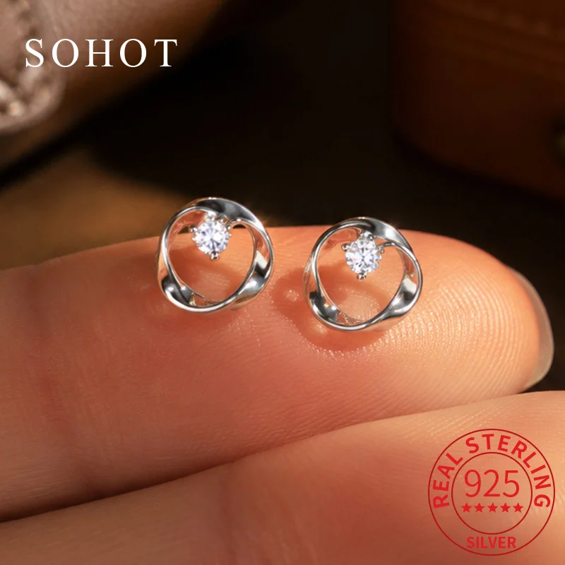 Real 925 Sterling Silver Exquisite Hollow Mbius Stud Earrings for Elegant Women Light Luxury Fine Jewelry Accessories