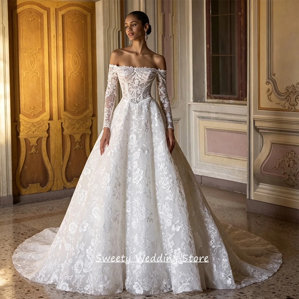 Customized Wedding Dress Robe De Mariage Charming Long Sleeves Boat Neck Lace Pearls Sweep Train A Line Bridal Gowns