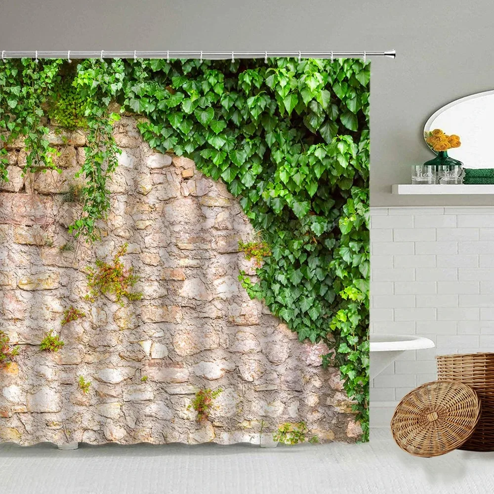 Green Vine Vintage Stone Brick Wall Shower Curtains Set Natural Plants Leaves Flowers Polyester Fabric Bathroom Decor with Hooks