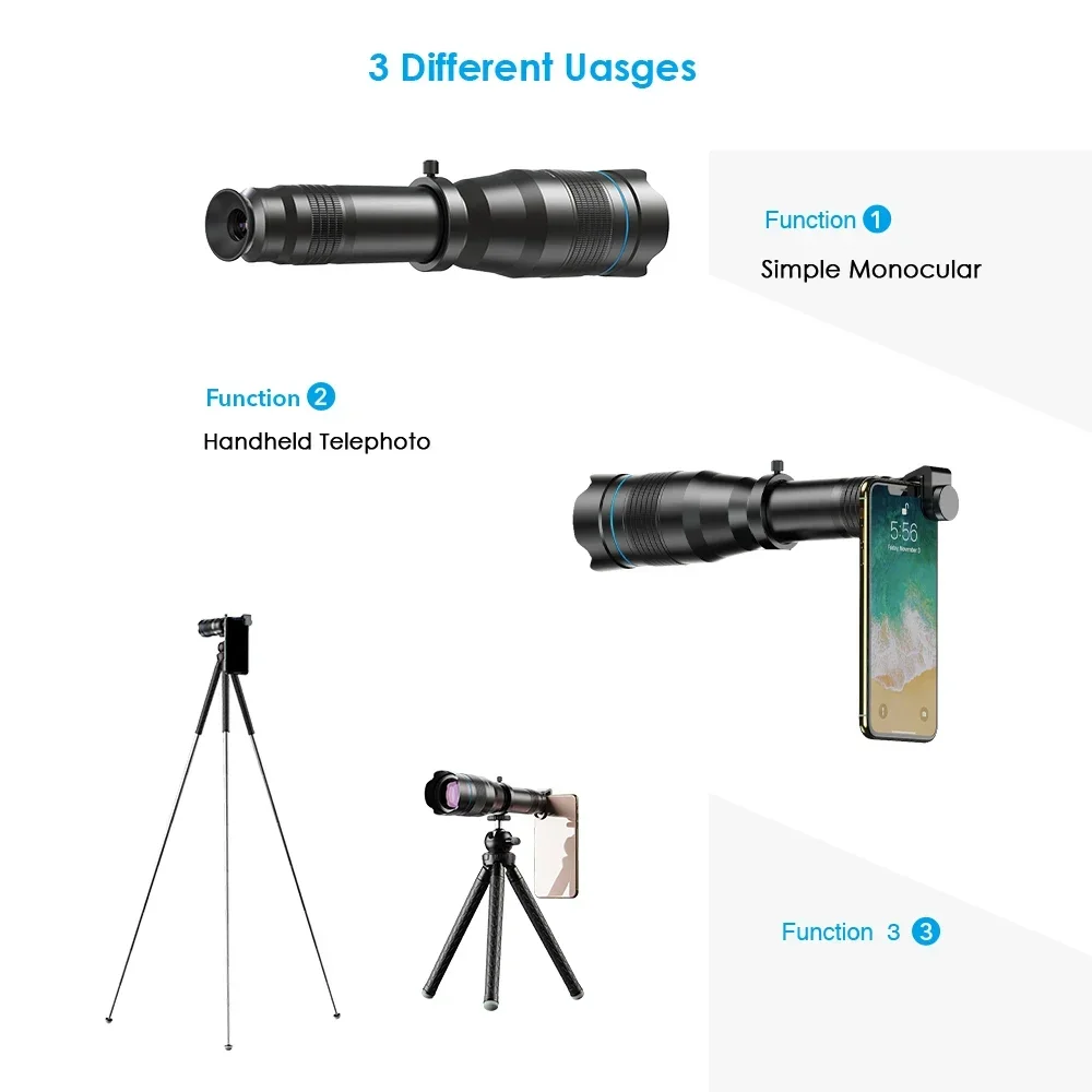 Pop Optional HD 60X Metal Telescope Telephoto Lens Monocular Mobile Lens+ Extendable Tripod For IPhone Huawei All Smartphones