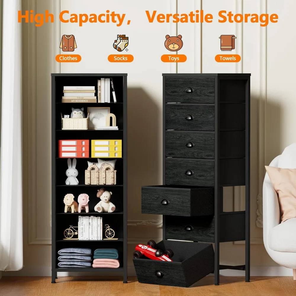 خزانة غرفة نوم Furnulem، خزائن ذات أدراج طويلة مع 7 صناديق قماش، منظم أسود في الخزانة، النوم، غرفة المعيشة، الحضانة، القاعة