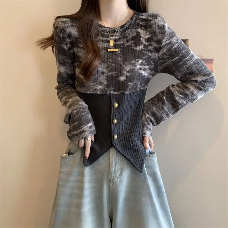 Irregular Tie Dye Pullovers Slim Female Clothing Stylish Button Patchwork Spring Autumn O-Neck Casual Basic Long Sleeve T-shirt