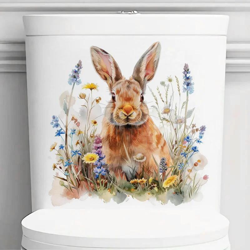 C1279# Cute Floral Bunny Toilet Stickers, Bright Wall for Home, Cabinet, Door,Decoration