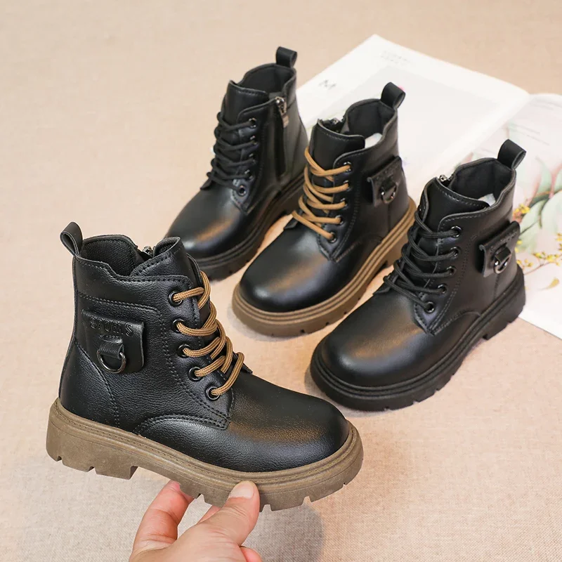 Girls Ankle Boots Kids Fashion Boot Side Zipper with Metal Buckle Fashion Classic Children Rubber Boots Black 2024 Autumn Winter