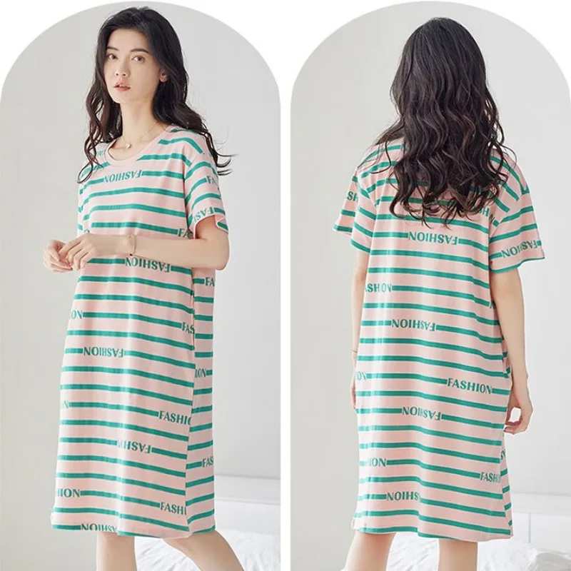 Women's Cotton Summer Nightgowns Ladies Short-sleeved Nightdress Summer Thin Loose Simple Home Clothes Girls Casual Sleepshirts