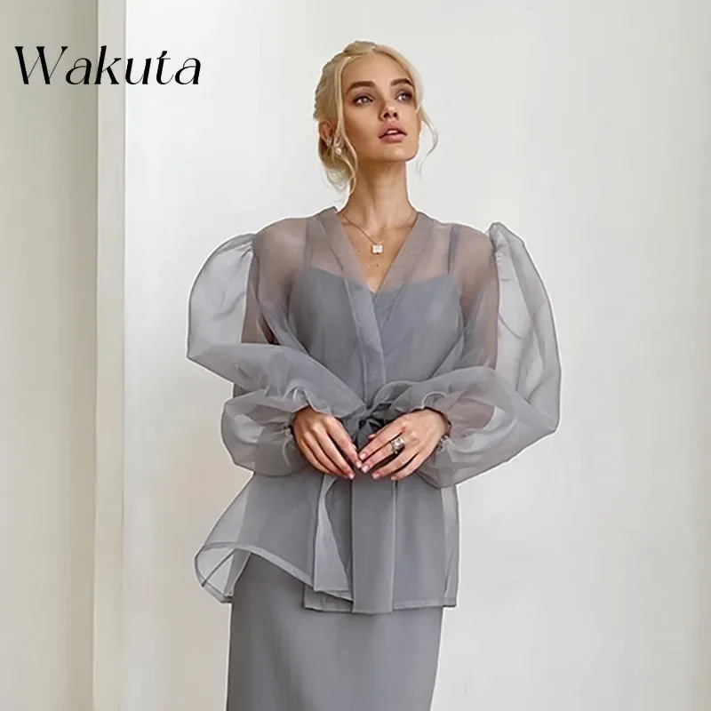 WAKUTA American Trendy Y2K Sexy Black Perspective Mesh Shirt Niche Bubble Sleeves Long Sleeve Shirt for Women's Camisas De Mujer