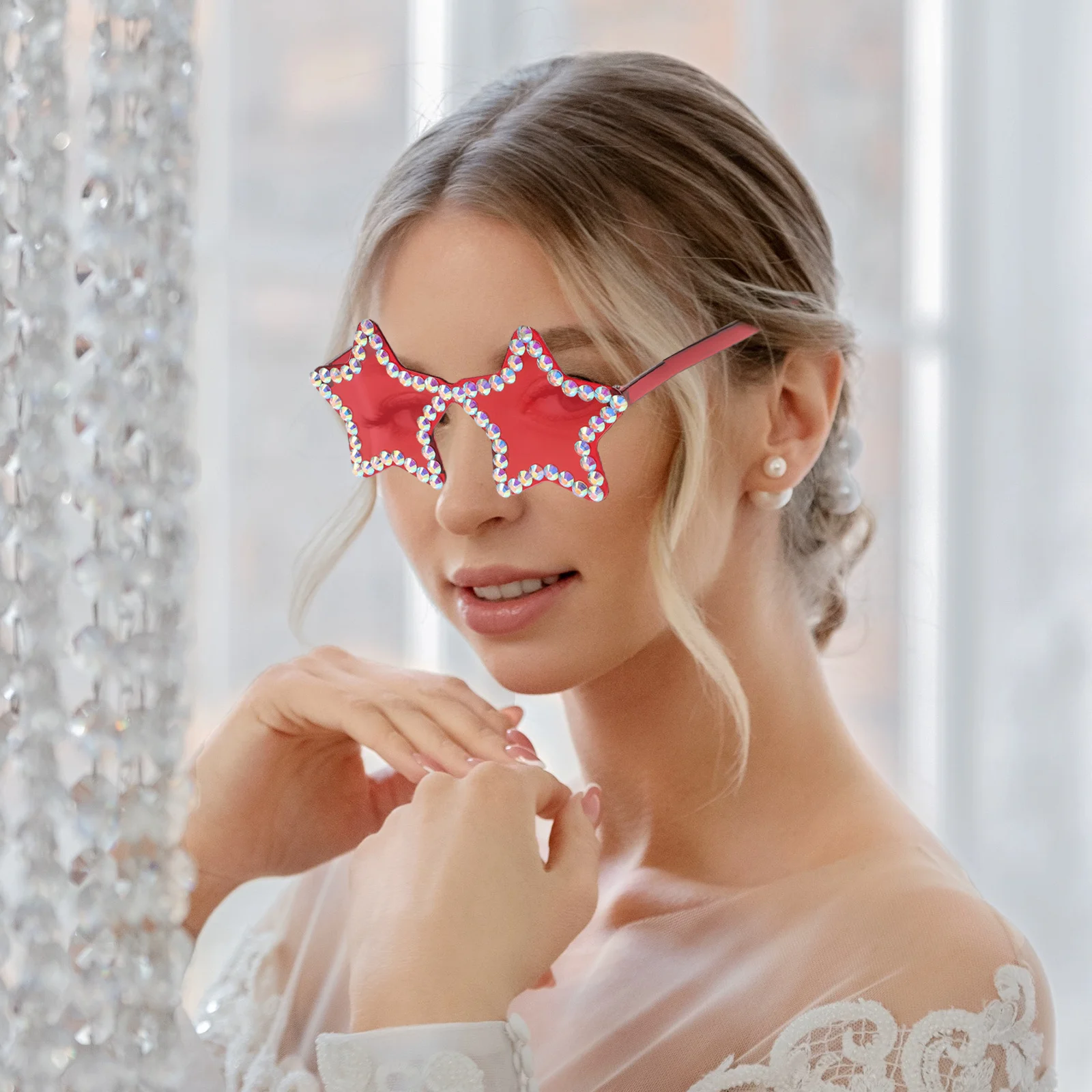 

Rhinestone Star Sunglasses Stylish Rimless Lightweight Decorative for Patriotic Party Photo Props Beach Accessories Novelty