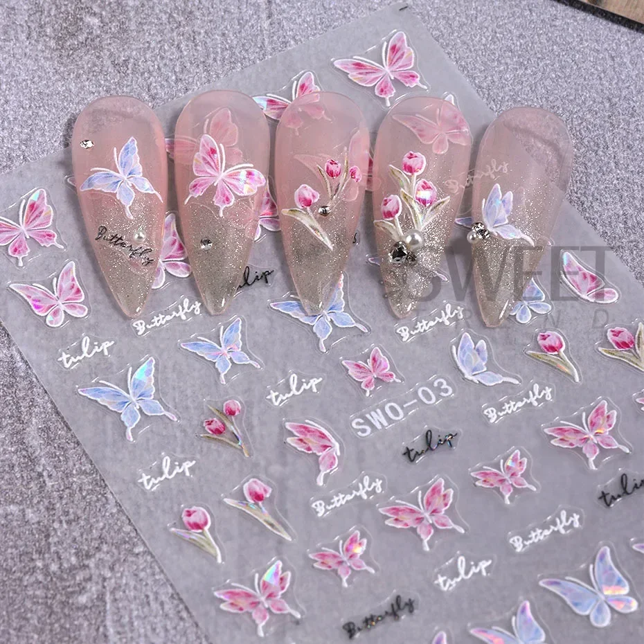 Aurora Shell Butterfly Nail Sticker Shimmer Iridescent Fairy Butterfly Tulip Adhesive Decal Textured Slider Charm Manicure Decor