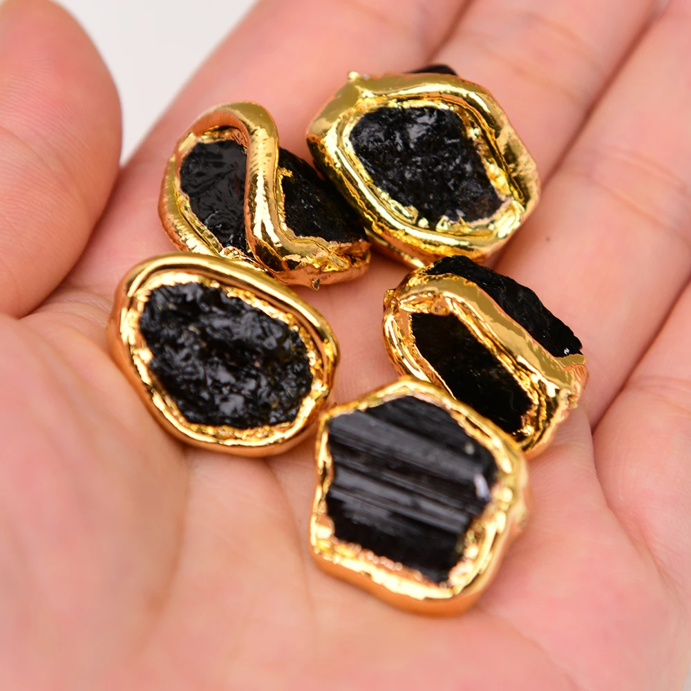 

APDGG 5 Pcs Gold Edge Plated Natural Black Tourmaline Nugget Gems Freedom Beads For Pearl Necklace Pendant Jewelry DIY