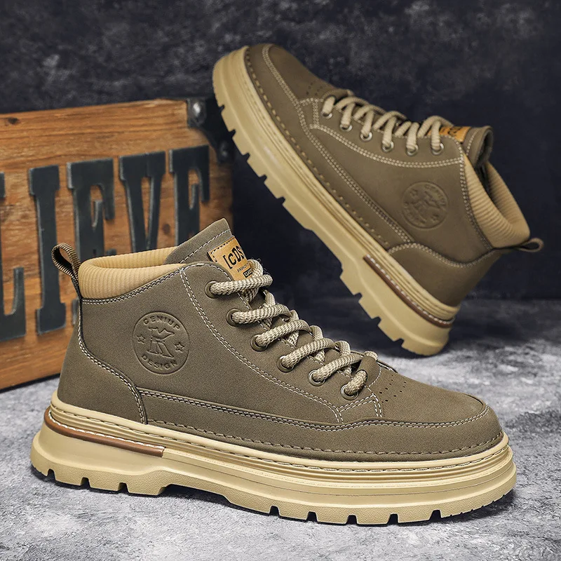 

Men's Boots High Top Casual Shoes New Retro Platform Leather Male Ankle Boots Non-slip Lace-up Men Sneakers Outdoor Work Boots