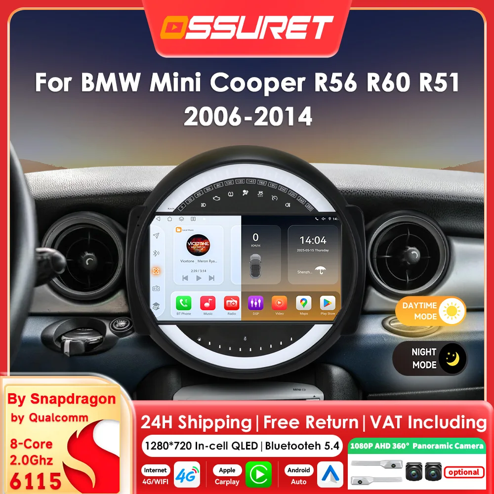 9-Zoll-AI-Sprach-Carplay-Android-Autoradio für BMW Mini Cooper R56 R60 R51 2006 - 2014 Multimedia-Videoplayer 2DIN 360-Grad-Kamera Autoradio GPS-Navigation Stereo DSP 4G WLAN Bluetooth Smart Screen