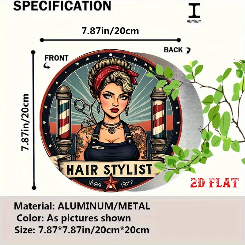 Classic Hair Stylist Pin‑up Girl 2D Flat Tin Wall Sign, Retro Barber Shop Round Metal Art Plaque Salon Business Wall Hanging Orn