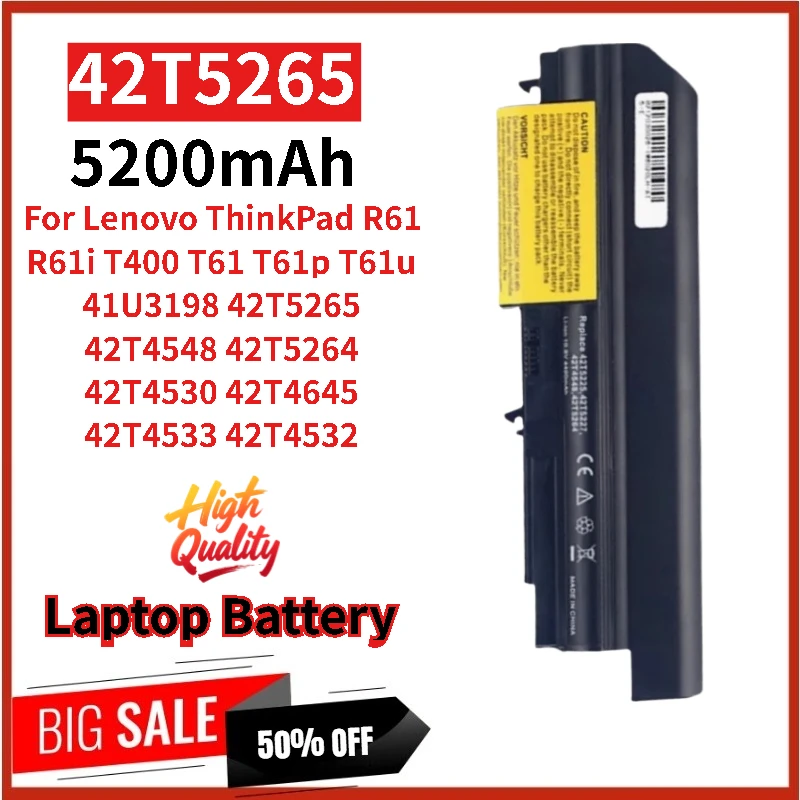 

High Quality 42T5265 Laptop battery 11.1V 5200mAh For Lenovo ThinkPad T61p T61u R61 R61i T400 T61 Brand New Replacement Battery