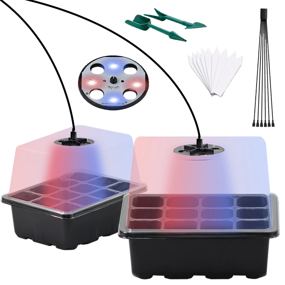 LED Growth Light Greenhouse Grow Trays 12 Holes Humidity Adjustable Plants Starting Kit with Dome Multiple Sizes are Optional