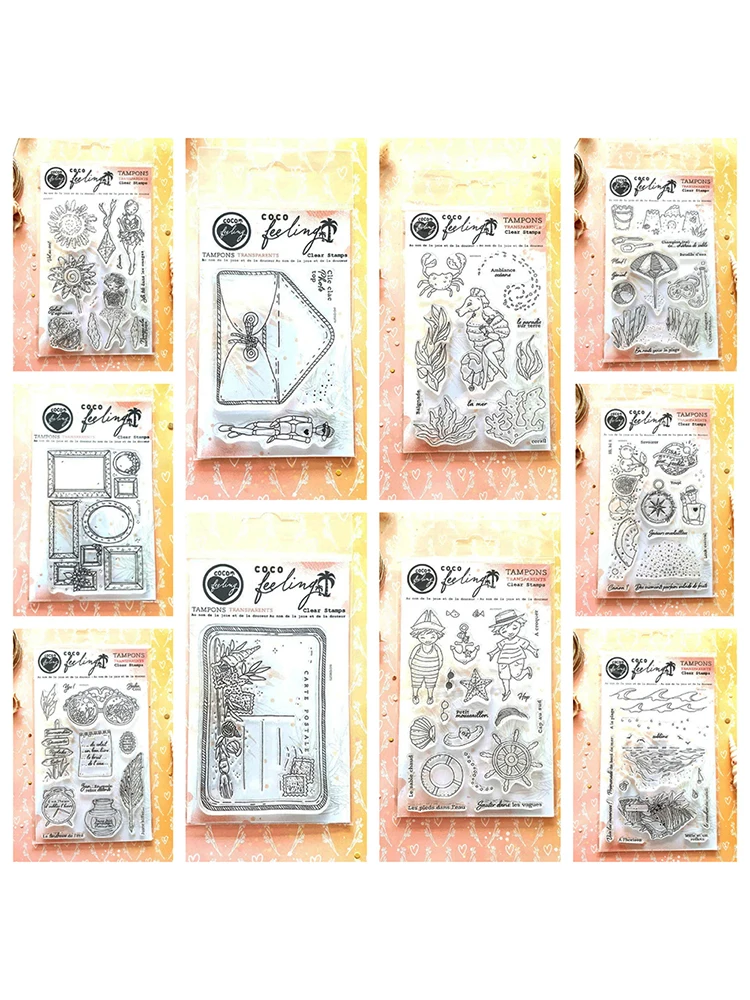 Timbres sur la plage, Scrapbooking pour journal intime, comme du poisson dans l'eau, moule artisanal, enveloppe, gravure, fabrication de carte de