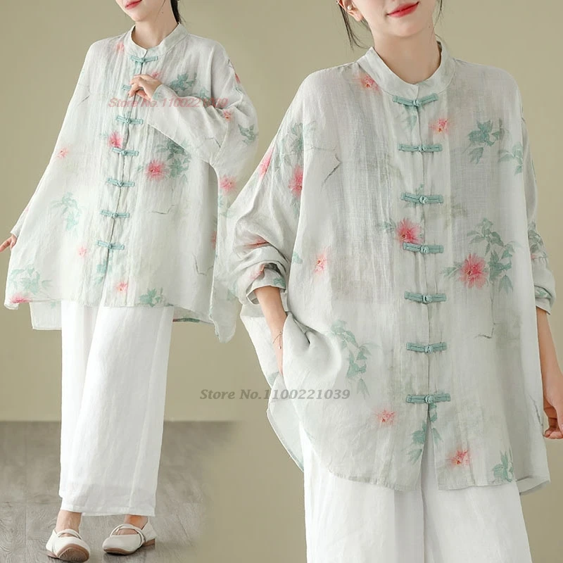 

2024 traditional chinese vintage blouse national flower print ethnic hanfu tops oriental cotton linen improved folk blouse