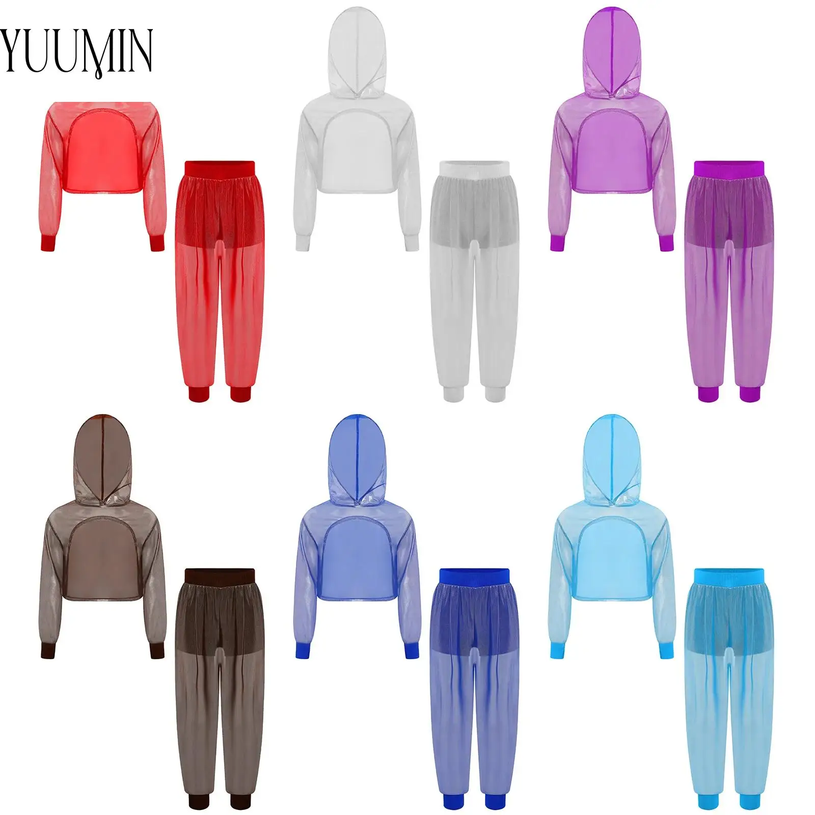 

Girls Hip-Hop Set Jazz Dance Performance Costume See-Through Metallic Mesh Hooded Long Sleeve Hoodie+Pant 2-piece Streetwear Set