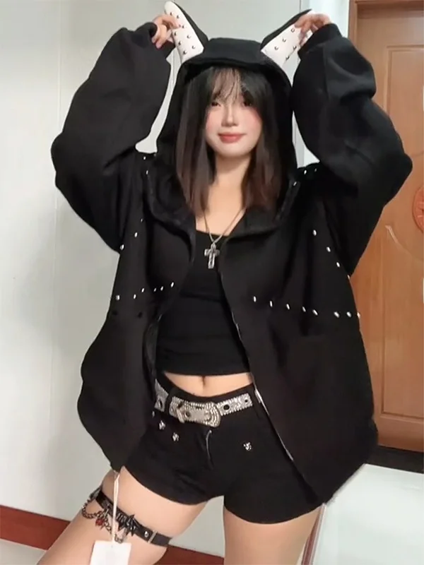 

Американская толстовка с капюшоном «Уши добермана» и заклепками, женская, осенняя, с милым и стильным дизайном, укороченная куртка, модная, свободного кроя, на молнии, с длинными рукавами.