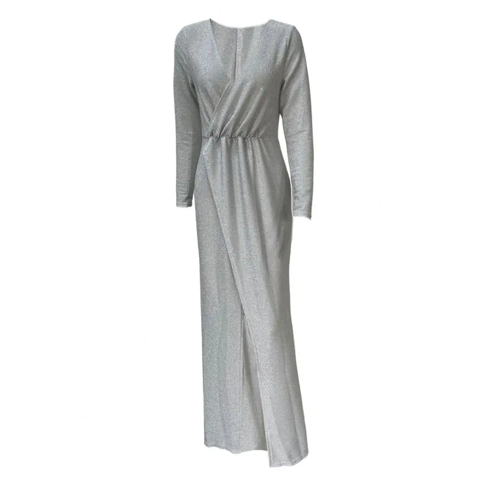 Sukienka z rozcięciem Elegancka sukienka maxi z cekinami dla kobiet z długim rękawem i dekoltem w szpic z gumką na wesele