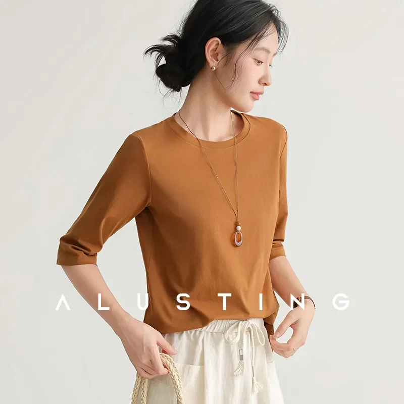 

Spring Autumn Women Caramel 3/4 Sleeve Top Minimalist Crew Neck Soft Jersey Casual Loose Fit Basic Layering Tee