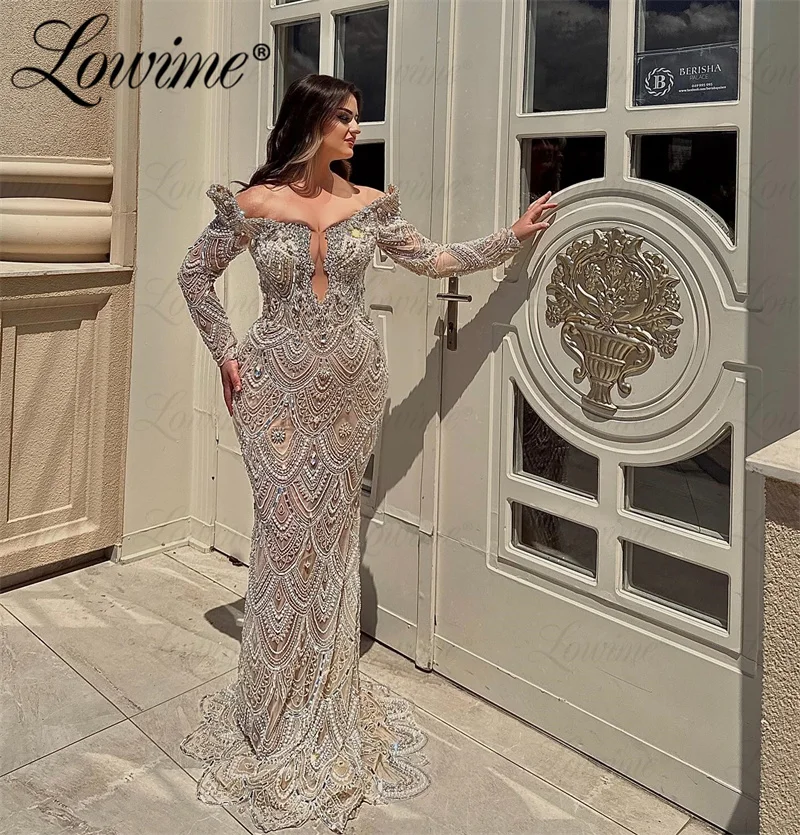 Arabic Evening Dresses Women Champagne Off Shoulder Wedding Engagement Gowns Mermaid Long Sleeve Party Prom Dress Robe De Soiree