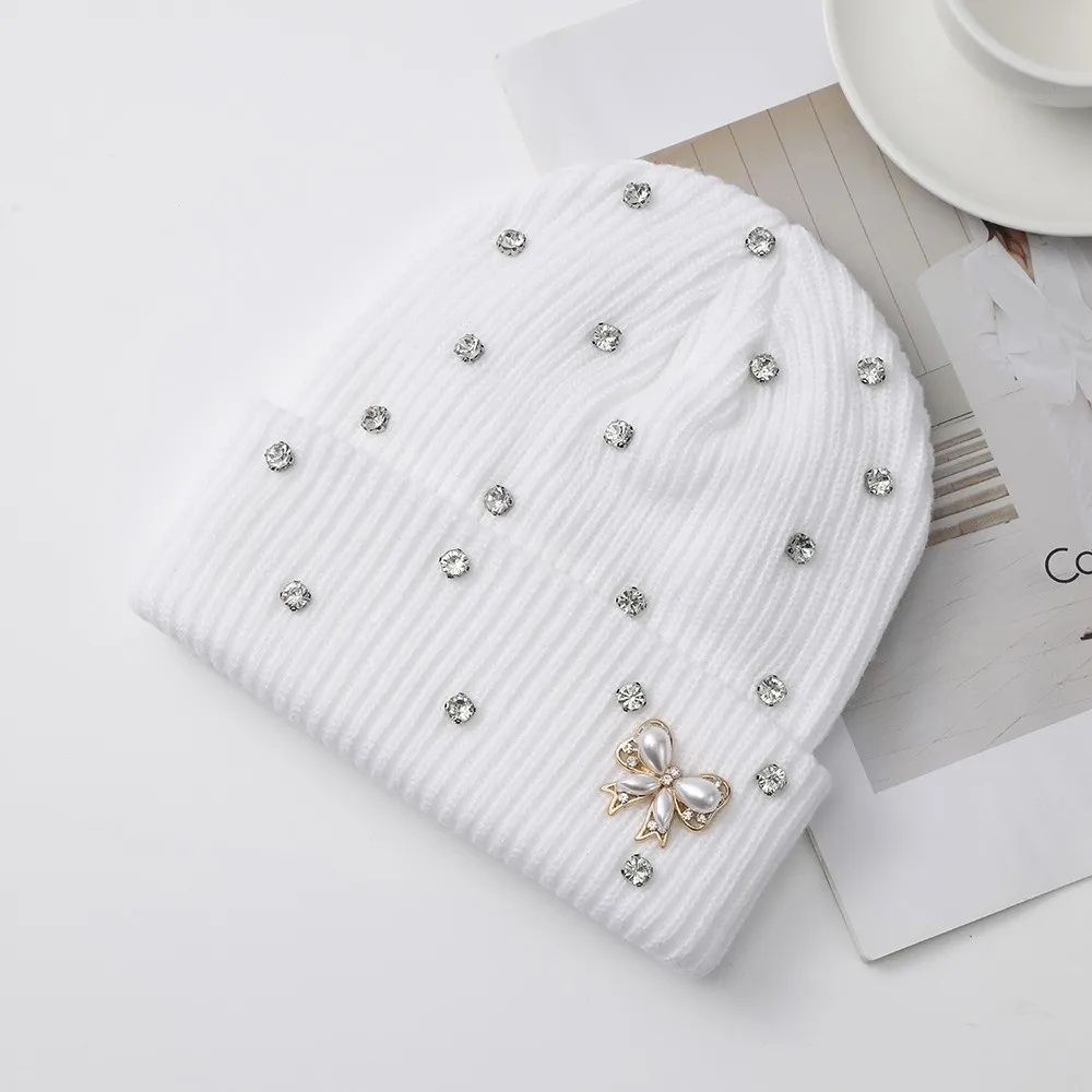 Versatile Elastic Crystal Pearl Bow Beanie Solid Color Warm Knit Hat Fold Cuff Soft Pullover Hat Travel