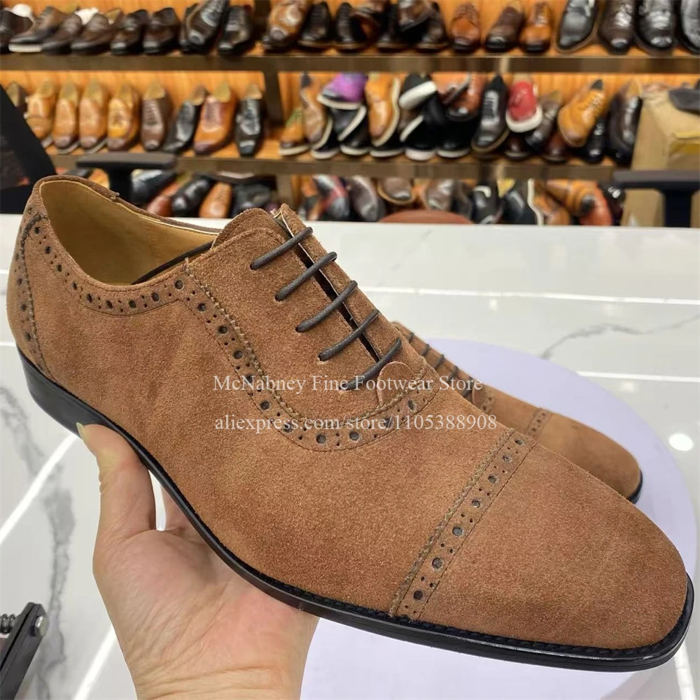 Brown Suede Brogue Lace up Men Oxfords Round Toe Dress Shoes Business Wedding Daily Male Casual Formal Shoes Autumn Plus Size